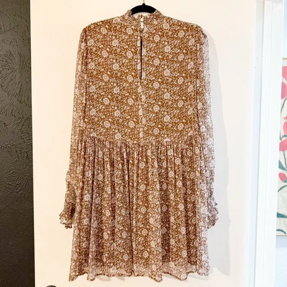 Sezane Olivia Long Sleeve Mini Dress in Flora Moka Brown Size 42 US 10 - Picture 10 of 12
